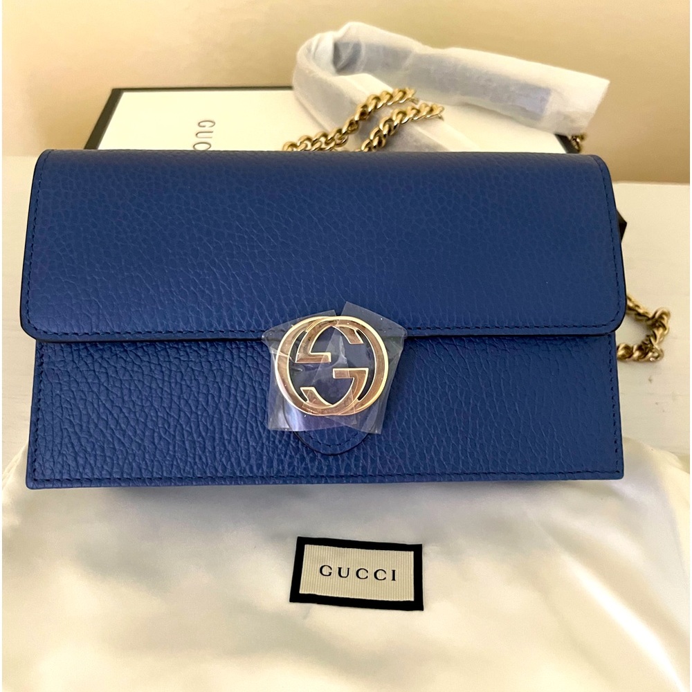 NWT Gucci Leather Interlocking G Chain Wallet Crossbody Bag Blue $1450